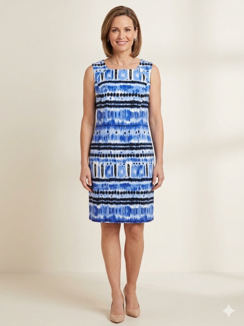 Tahari Arthur S Levine Size 8 Sheath Dress Blue Ikat Print Cutout Back Linen